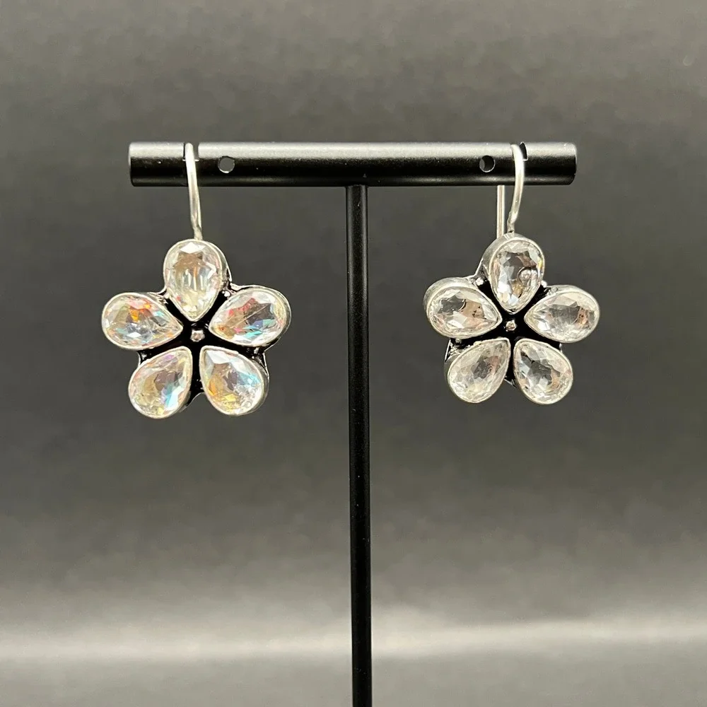 Crystal Flower Earrings Silver Tone Clear Iridescent Faceted Crystal Floral READ
